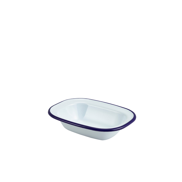 Enamel Rect. Pie Dish White & Blue 16cm (doos 12 stuks)