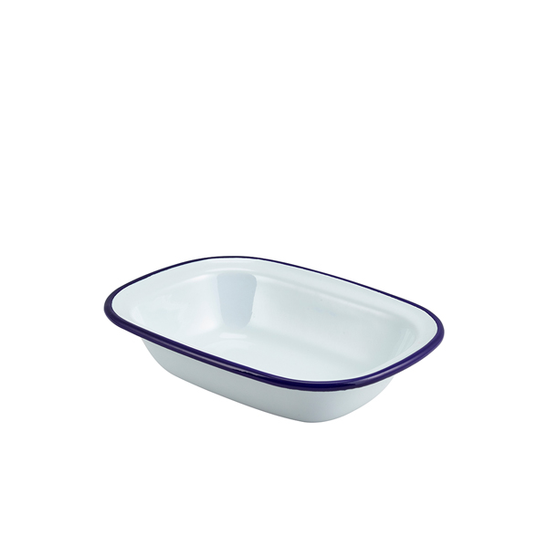 Enamel Rect. Pie Dish White & Blue 20cm (doos 12 stuks)