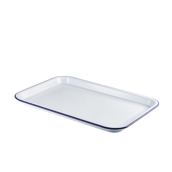 Enamel Serving Tray White with Blue Rim 33.5x23.5x2.2cm (doos 6 stuks)