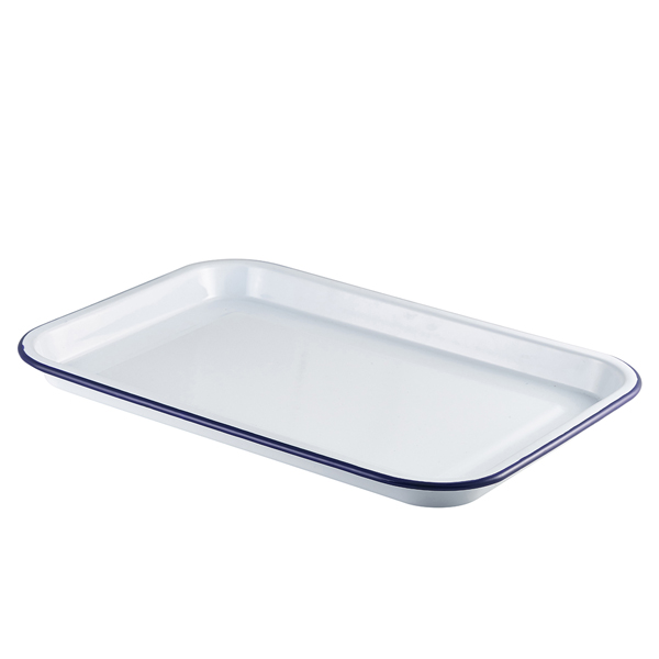 Enamel Serving Tray White with Blue Rim 38.2x26.4x2.2cm (doos 6 stuks)