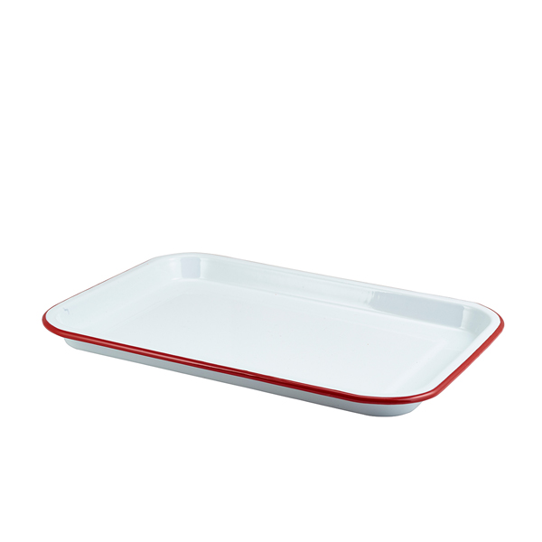 Enamel Serving Tray White with Red Rim 33.5x23.5x2.2cm (doos 6 stuks)