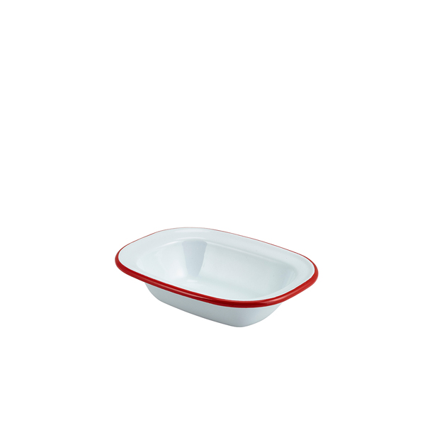 Enamel Rect. Pie Dish White with Red Rim 16cm (doos 12 stuks)